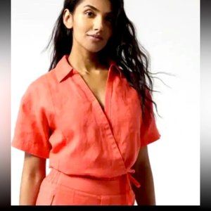 Athleta Playa Linen Tie Top Passion Fruit Coral 100% Linen Size Large